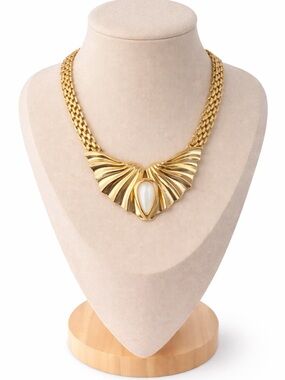 Vintage Gold Tone Statement Necklace w/ Faux Pearl Teardrop Pendant